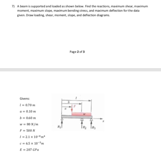 7) A beam is supported and loaded as shown below. Find the reactions, maximum shear, maximum moment, maximum slope, maximum b