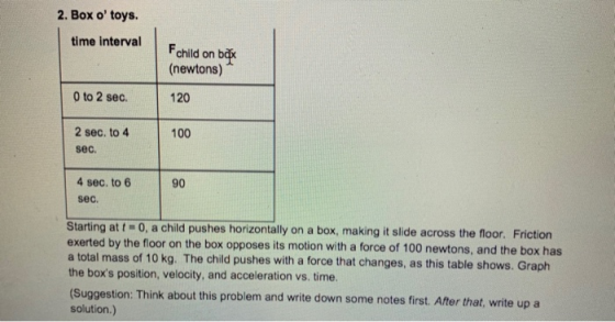 2. Box o toys. time interval Fchild on b (newtons) 0 to 2 sec. 120 2 sec. to 4 100 sec. 4 sec. to 6 90 sec. Starting at t 0,