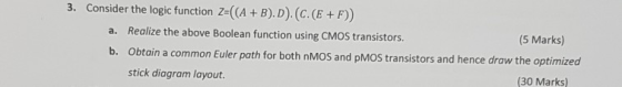 3. Consider the logic function Z-((A + B).D). (C.(E+F)) (5 Marks) Realize the above Boolean function using CMOS transistors.