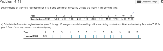 Problem 4.11 EQuestion Help the following table Data collected on the yearly registrations for Six Sigma seminar at the Quali