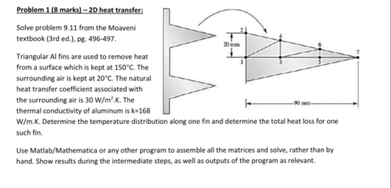 Problem 1 (8 marks)-2D heat transfer Solve problem 9.11 from the Moaveni textbook (3rd ed.), pg. 496-497. 20 mm Triangular Al
