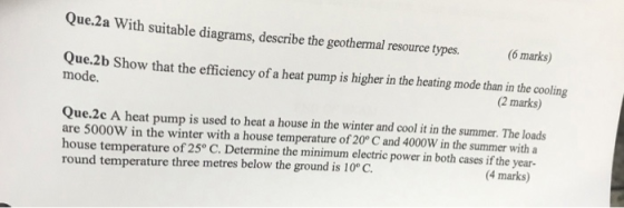 Que.2a With suitable diagrams, describe the geothermal resource types 6 marks) b Show that the efficiency of a heat pump is h