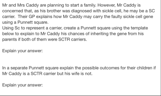 Mr and Mrs Caddy are planning to start a family. However, Mr Caddy is concerned that, as his brother was diagnosed with sickl