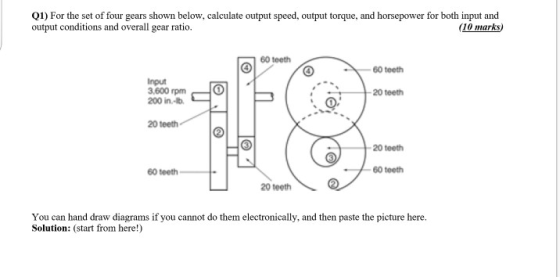 Q1) For the set of four gears shown below, calculate output speed, output torque, and horsepower for both input and output co