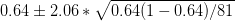 0.64\pm 2.06*\sqrt{0.64(1-0.64)/81}