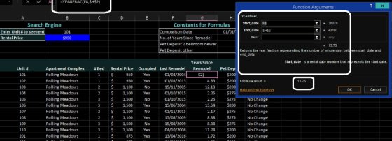 X YEARFRAC(F8,SH$2) Function Arguments H YEARFRAC T38078 个1-43101 Start date F8 Search Engine Constants for Formulas 101 01/0