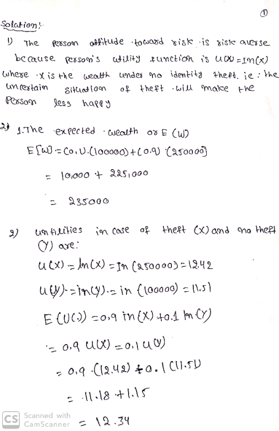 Solation aAfitude koCasd yisk is »isie oaRI se Pesson The be ause utility unckion is uC =1m(x) ps so n S uhere x is he 4hept