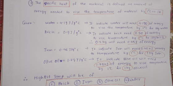 The specific heat of the materia is defined as amou nt of the tempera tuye of matey ial by1c oy k energy needed to yise Given