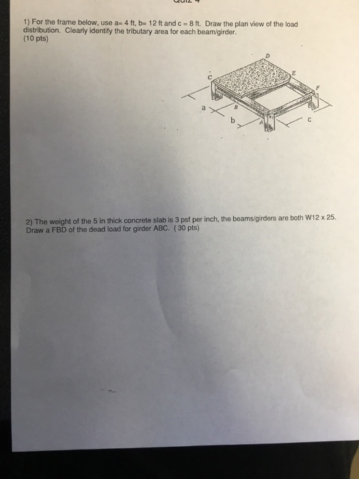 1) For the frame below, use a- 4 ft, b- 12 ft and c 8 ft. Draw the plan view of the load distribution. Clearly identify the t