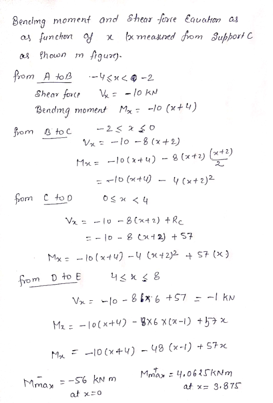 Benclmg moment and Shear fore Eauakon as 4) Bending moment Mx; -lo ( 2 m D to E at x= 3.87S