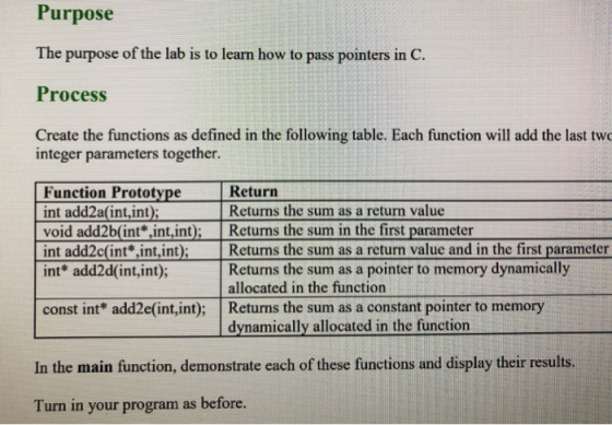 Purpose The purpose of the lab is to learn how to pass pointers in C. Process Create the functions as defined in the followin