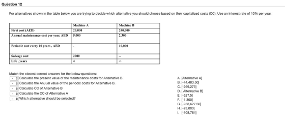 Question 12 For alternatives shown in the table below you are trying to decide which alternative you should choose based on t