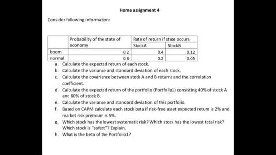 Home assignment 4 Consider following information Probability of the state of economy Rate of return if state occurs StockA St