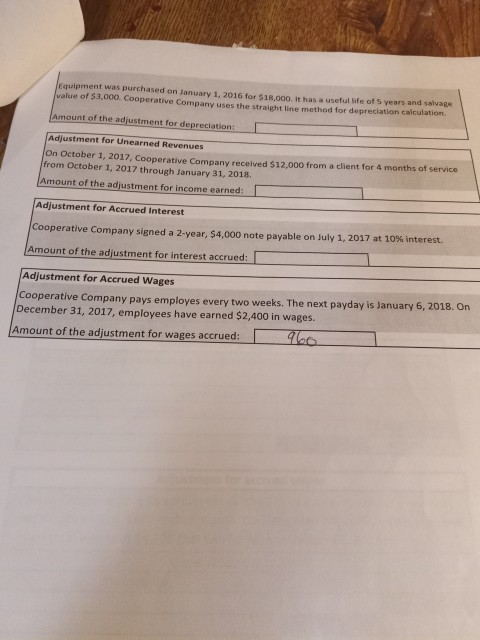 Equipment was purchased on January 1, 2016 for $18,000. it has a useful life of 5 years and salvags value of $3,000. Cooperat