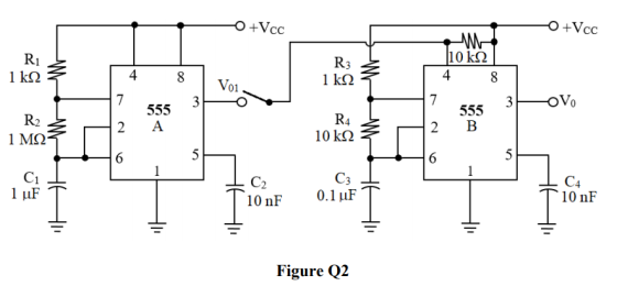 Vcc +Vcc 10 k2 R3 1kn 4 1 k2 Voi 7 555 A oVo 3 555 2 R4 10 kn R2 2 1 MQ 5 5 6 C1 1 F C3 0.1 uF C4 10 nF C2 10 nF I Figure Q2
