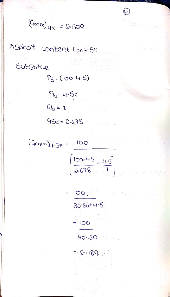 Cm)y2509 ASphalt content for.4.5% SubStitue fs =(Ioo-4.5) Gb= 1 Gse= .678 (Gmm5 loo-45 +4.5 2.678 IOO 35 66+ L5 Lo 160 489.-