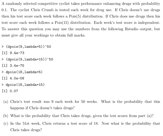 A randomly selected competitive cyclist takes performance enhancing drugs with probability use. If Chris doesnt use drugs 0.