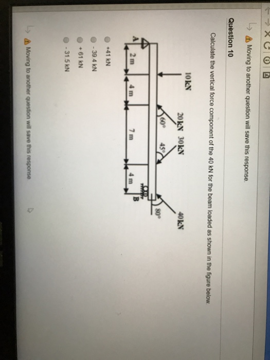 Moving to another question will save this response Question 10 Calculate the vertical force component of the 40 kN for the be