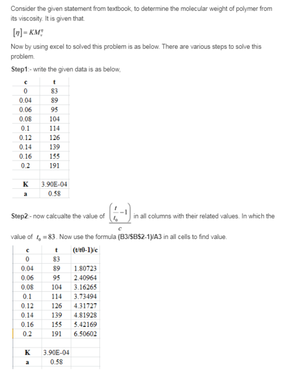 Consider the given statement from textbook, to determine the molecular weight of polymer from its viscosity. It is given that