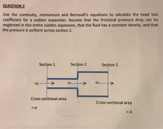 QUESTION 2 Use the continuity, momentum and Bernoullis equations to calculate the head loss coefficient for a sudden expansi