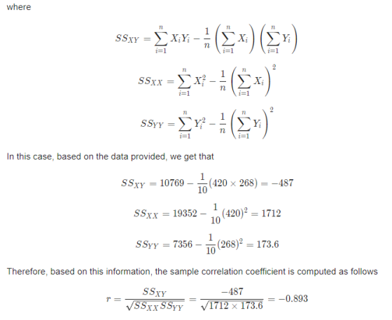 where SSYY = In this case, based on the data provided, we get that SSxy 10769- To420 x 268)487 SSxx 19352(420 1712 10 SSYY 73