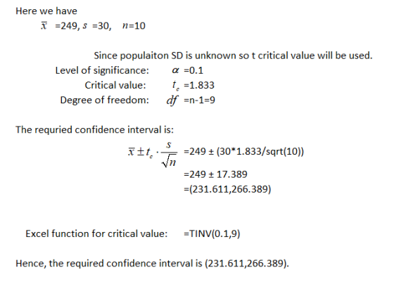 Here we have x =249, s-30, n=10 Since populaiton SD is unknown so t critical value will be used. Level of significance: α-0.1