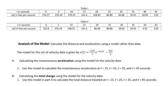 Table I 25 tin seconds 5 10 15 20 30 35 40 45 v(t) in feet per second 274.27 179.23 80.80 56.68 35.91 18.04 2.65 223.19 141.4