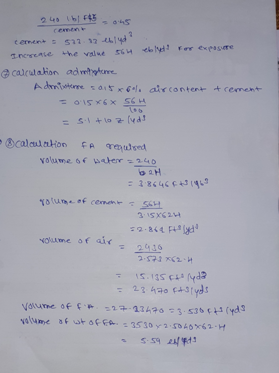 cement S32 eblyd calculation admthytume Volume 6f «ber 240 o 2 H 3 ISXE2H Y ume of air = 29.36 2572 62H