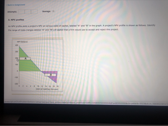 < Back to Assignment Average: /2 Attempts: 5. NPV profiles An NPV profile plots a projects NPV at various costs of capital,