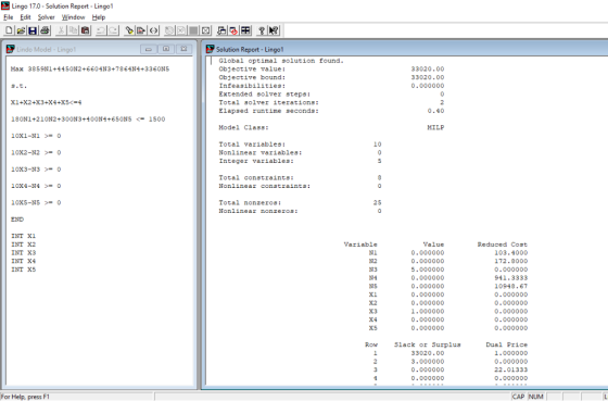 Lingo 170-Solution Report . Lingo! File Edit Solver Window Help Solution Report-Lingo1 Lindo Model- Lingo1 Global optimal sol