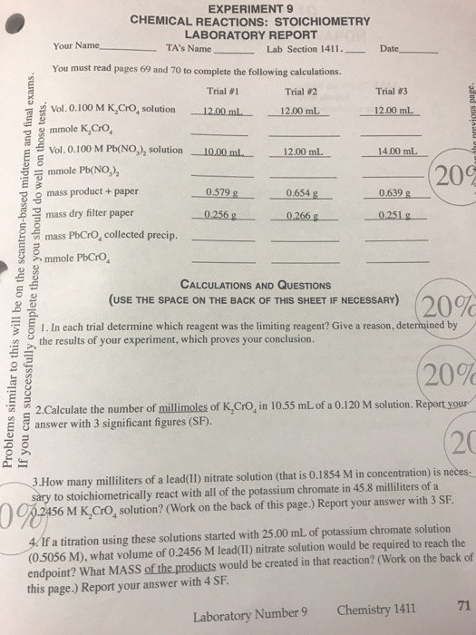 EXPERIMENT 9 CHEMICAL REACTIONS: STOICHIOMETRY LABORATORY REPORT Your Name TAs Name You must read pages 69 and 70 to complet
