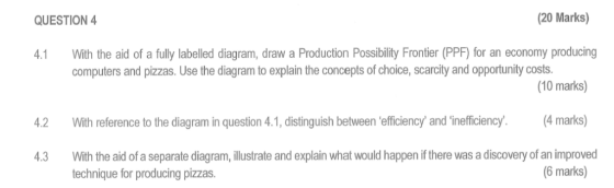 (20 Marks) QUESTION With the aid of a fully labelled diagram, draw a Production Possibility Frontier (PPF) for an economy pro