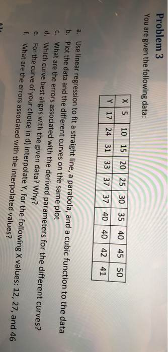 Problem 3 You are given the following data: 510 15 20 25 30 35 40 45 50 Y 17 24 31 33 37 37 40 40 42 41 a. Use linear regress