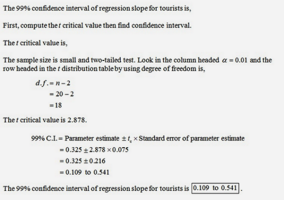 The 99% confidence interval of regression slope for tourists is, First, compute thef critical value then find confidence inte