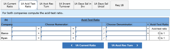 : 1A Acid Test IA Days Sal in Inv 1A Days Sal 1A Current 1A Acct Rec Turn 1A Invent Req 1B For both companies compute the aci