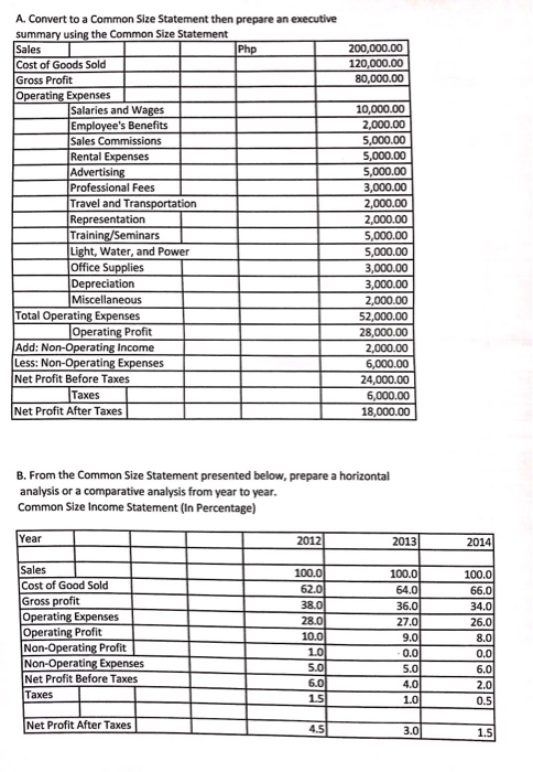 A. Convert to a Common Size Statement then prepare an executive summary using the Common Size Statement Sales Cost of Goods S