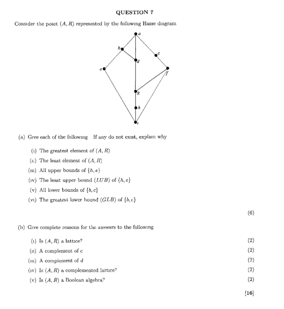 QUESTION 7 Consider the poset (A, R) represented by the following Hasse diagram (2 (a) Give each of the following If any do n