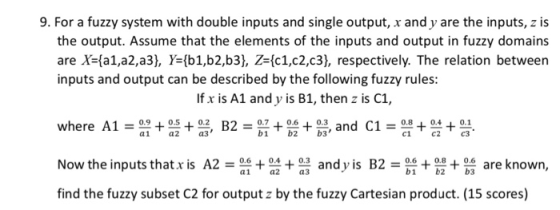 9. For a fuzzy system with double inputs and single output, x and y are the inputs, z is the output. Assume that the elements