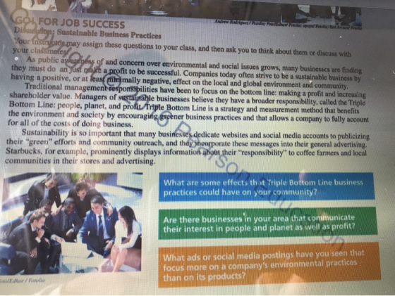 FOR JOB SUCCESS Dison: Sustalnable Business Practices y assign these questions to your class, and then ask you to think about