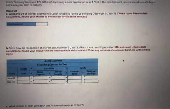 Leach Company borrowed $70,000 cash by issuing a note payable on June 1, Year 1. The note had an 6 percent annual rate of int