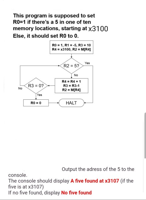 This program is supposed to set RO-1 if theres a 5 in one of ten memory locations, starting at x3100 Else, it should set RO