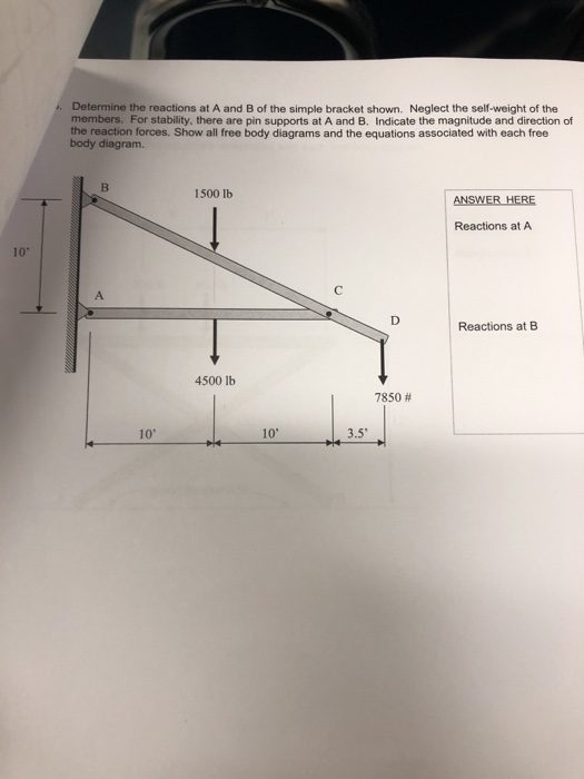 Determine the reactions at A and B of the simple bracket shown. Neglect the self-weight of the members. For stability, there