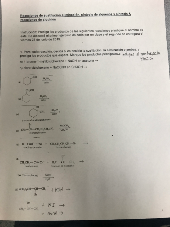 Reacciones de sustitución eliminación, síntesis de alguenos y síntesis & reacciones de alquinos Instrucción: Prediga los prod