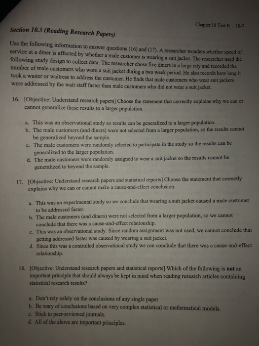 Chapter 10 Test B 10-7 Section 10.3 (Reading Research Papers) Use the following information to answer questions (16) and (17)