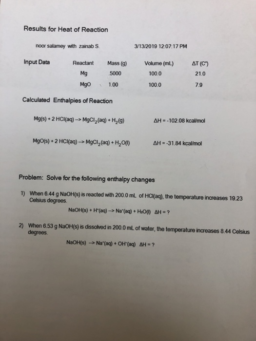 Results for Heat of Reaction noor salamey with zainab S 3/13/2019 12.07:17 PM Input Data Reactant Mg Mgo Mass (g) 5000 1.00 V