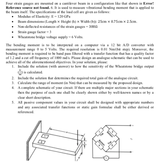 Four strain gauges are mounted on a cantilever beam in a configuration like that shown in Error! Reference source not found.