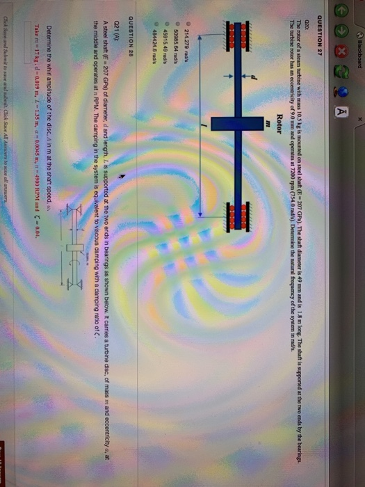 QUESTION 27 020 The rotor of a steam turbine with mass 10.5 kg is mounted on steel shaft (E- 207 GPa). The shaft diameter is