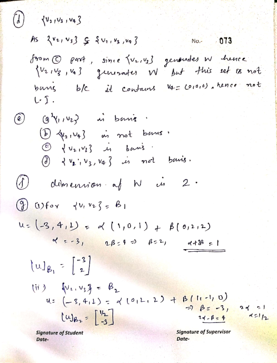 073 No dlin u= (-3,4,リ 0, 212 u] P1 tujez Ls Signature of Supervisor Signature of Student Date- Date-