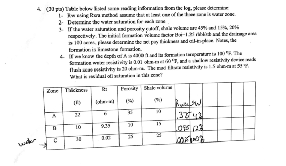 4. (30 pts) Table below listed some reading information from the log, please determine Rw using Rwa method assume that at lea