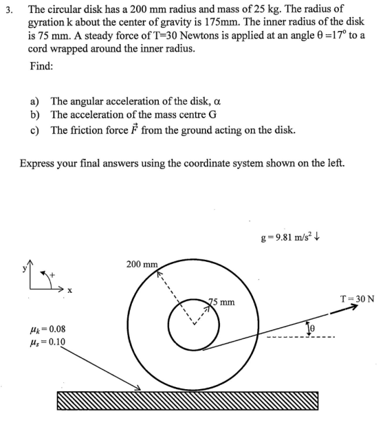 The circular disk has a 200 mm radius and mass of 25 kg. The radius of gyration k about the center of gravity is 175mm. The i